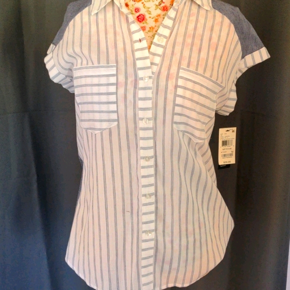BCX Tops - Button up lightweight striped two tone
